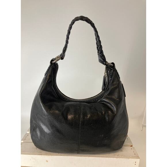 BRIGHTON LARGE BLACK LEATHER, ANIMAL PRINT TRIM SHOULDER BAG - Picture 4 of 16